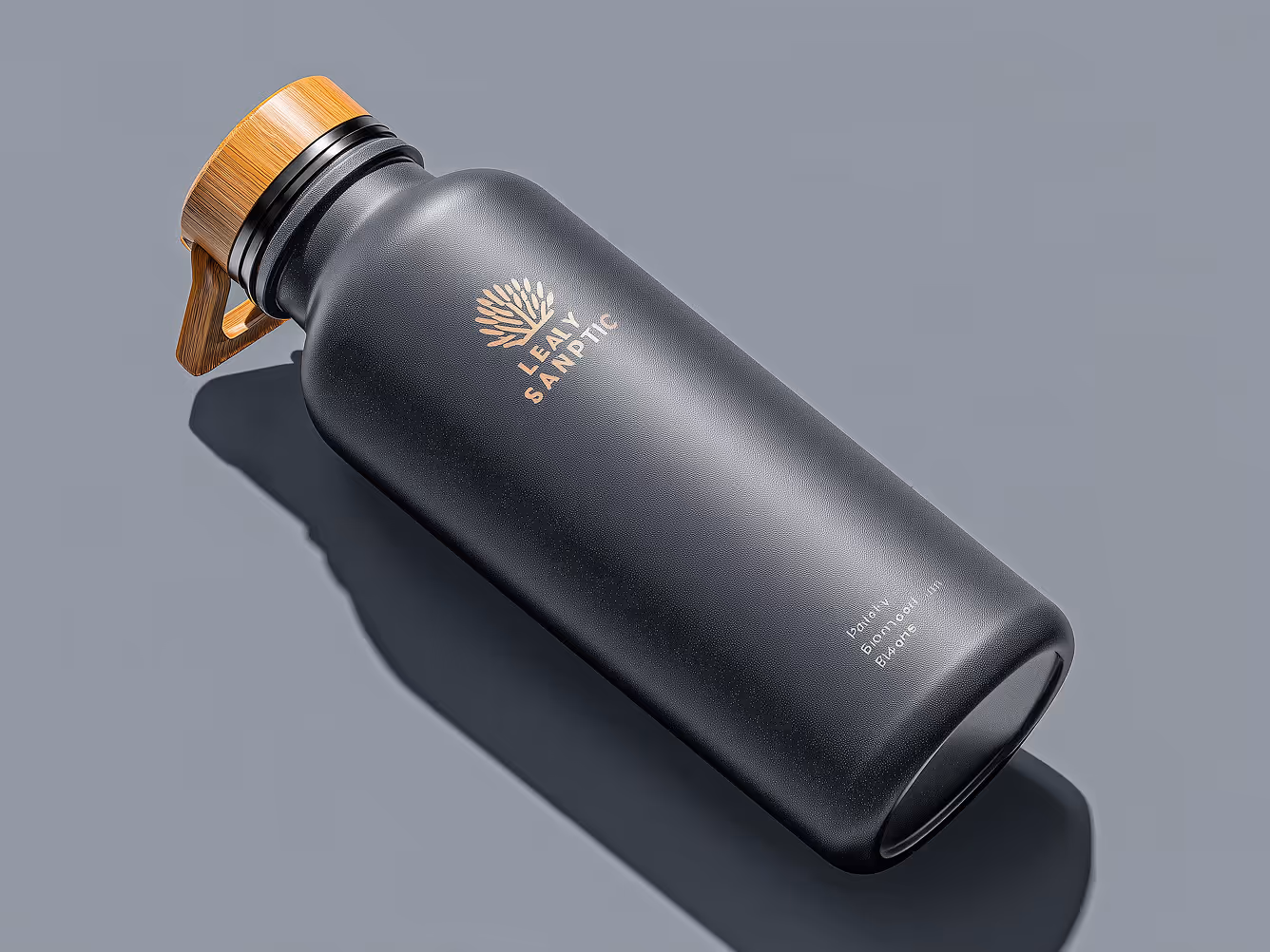 Black sport bottle with a bamboo lid placed on a gray surface, casting a soft shadow.